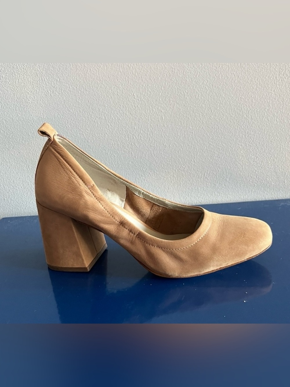 1.STATE Madene tan suede block heels, featuring a comfortable square toe 6.5M